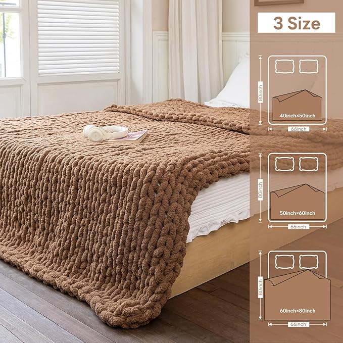 Chunky Knit Blanket - Luxury Soft Cozy 80 * 90 Throw Blanket,100% Woven Blanket Rope Knot Throw Blanket for Couch, Sofa, Home Decor, Gift - Machine Washable (Brown, 80 * 90)