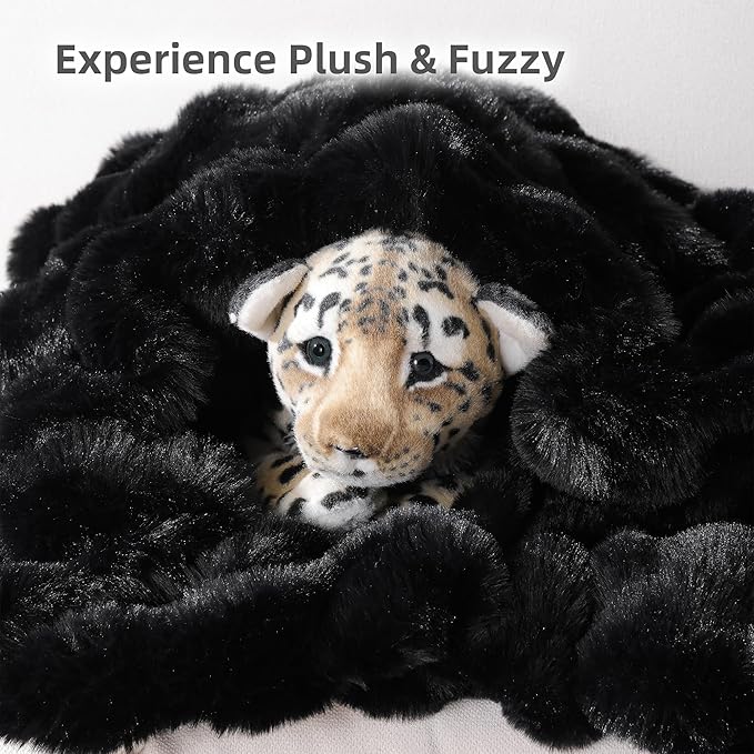 Smoofy Faux Fur Throw Blanket for Couch – Black Fluffy Cozy Rabbit Fleece, Plush Soft Bubble Blanket for Sofa & Bed, for Mom, Warm Fuzzy Home Room Decor Throw 50" x 60"