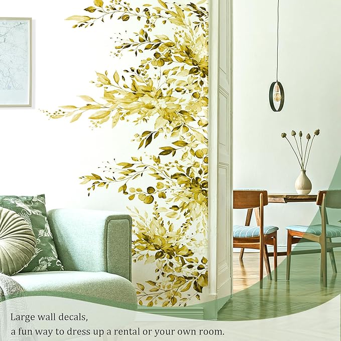 Yellow Plants Leaves Wall Decals Peel and Stick, Large Floral Flowers Vinyl Wall Stickers, Removable Vine Home Decor Art for Bedroom Living Room Classroom Office