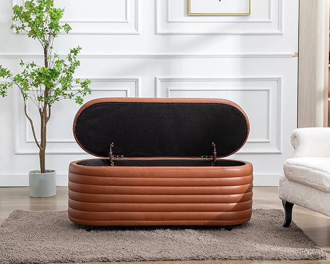 Storage Ottoman Bench Upholstered PU Leather End of Bed Stool with Safety Hinge for Bedroom, Living Room, Entryway (45.5-inch, Brown)