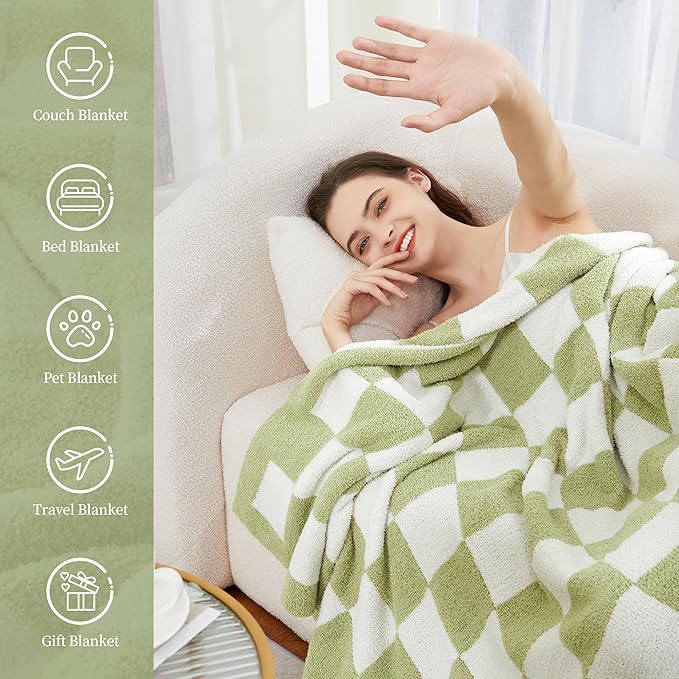 SeaRoomy Checkered Throw Blanket, Ultra Soft Cozy Reversible Checkerboard Fuzzy Blanket, Fluffy Lightweight Microfiber Knit Throw Blanket for Couch Sofa Bed Decor Gift(Sage Green, 51"×63")
