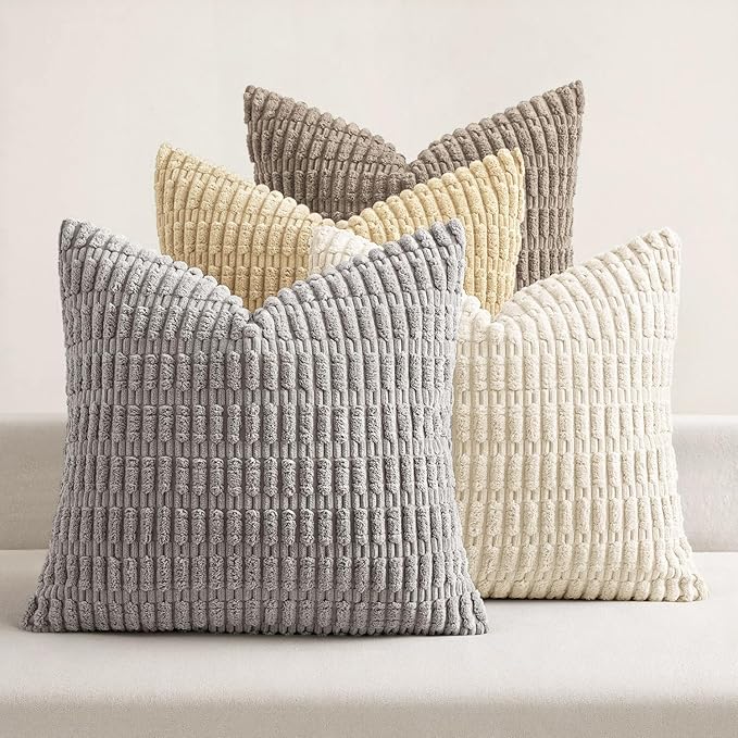 MIULEE Pack of 4 Neutral Decorative Throw Pillow Covers 18x18 Inch for Couch Sofa Living Room Bed Rustic Farmhouse Boho Corduroy Soft Striped Pillow Covers Home Decor