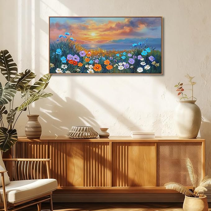 Ardemy Wildflower Wall Art for Living Room, Framed Floral Canvas Picture Bedroom Wall Decor, Sunset Painting Flower Textured Artwork for Walls Dining Room Home Office 40"x20"