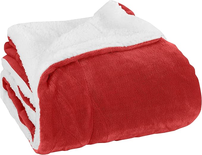 Elegant Comfort Luxury Ultra-Plush Velvet Touch Fleece Throw Soft, Warm, Cozy, Micromink Sherpa-Backing Reversible Blanket for Bed, Sofa and Couch, Red