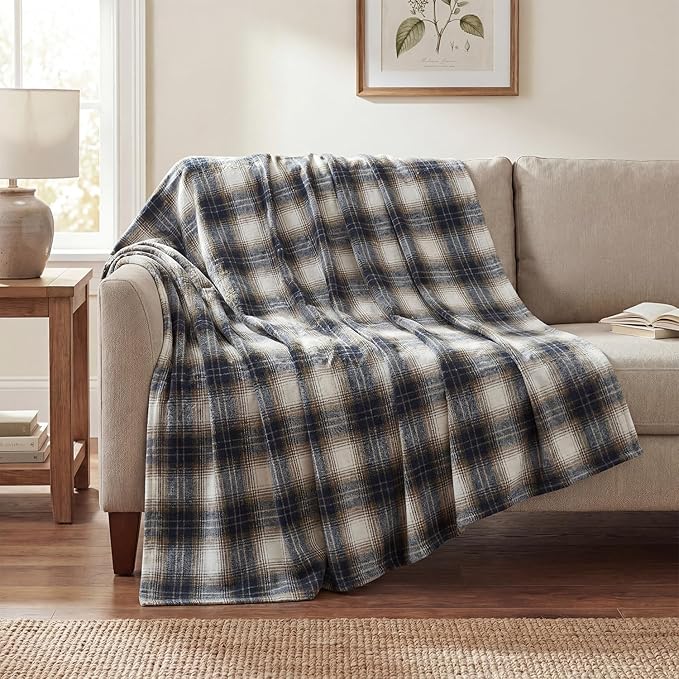 Horaldaily Dark Blue Brown Farmhouse Plaid Decorative Blanket Throw, Spring Summer Rustic Soft Lightweight Blanket for Couch Sofa Bed Lounging Decoration, Ideal Gifts for Kids Adults Self, 50x60