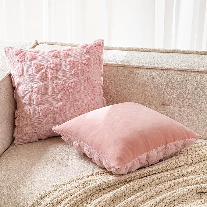 MIULEE Pink Bow Pillow Covers Coquette Room Decor Aesthetic Set of 2 Spring Decorative Cute Girl Soft Plush Faux Pillowcase for Preppy Room Decor Bedroom Couch,20x20 Inch
