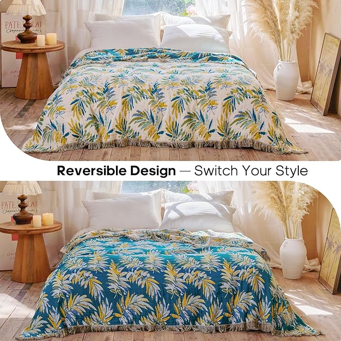 Boho Throw Blanket 50"x60" 100% Cotton Couch Tassel Blanket with Leaf Pattern,Soft Breathable Lightweight Spring Decorative Reversible Blankets for Sofa Bed Decor All Season