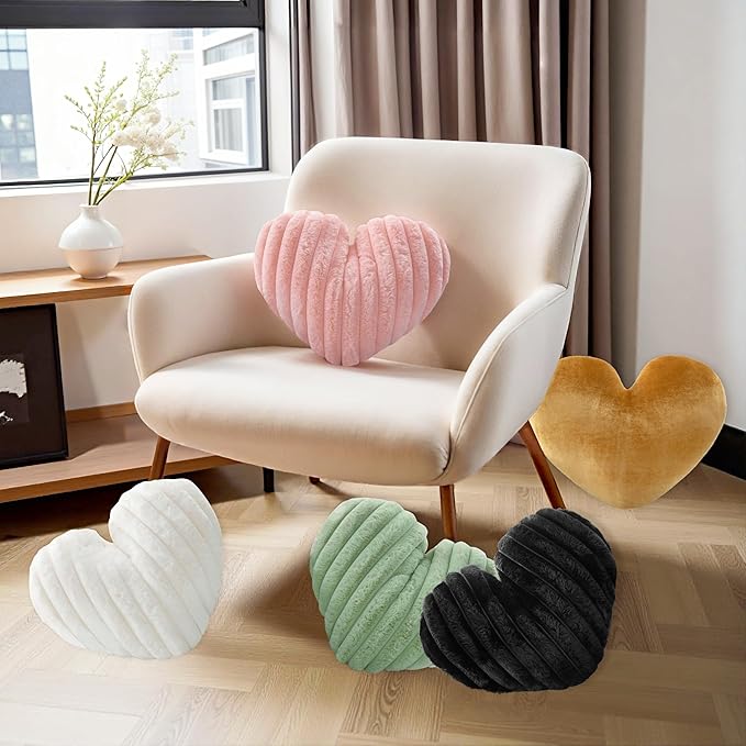 16 Inch Pink Heart Pillow Decorative Throw Pillows, Heart Shaped Soft Fluffy Faux Fur Cute Pillows for Women Valentine Anniversary Couch Bed Bedroom Room Home Decor Aesthetic (1, Pink, Medium-16"x13")