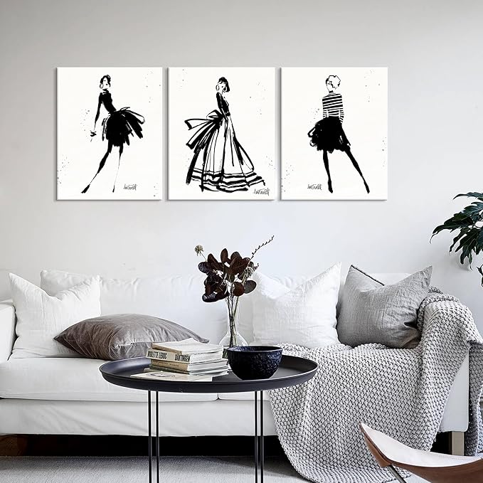 Chadow Artwork 3 Pieces Girl in Black Dress Wall Art Bathroom Art Fashion Women Canvas Pictures for Bedroom Beauty Salon Bathroom Makeup Room Decor 12"x16" (30cmx40cm)