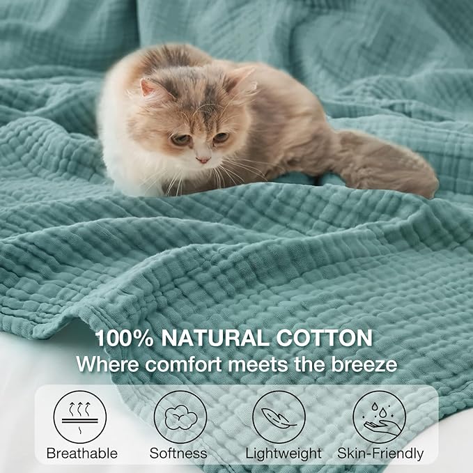 100% Cotton Muslin Blanket 50" x 60", Breathable and Lightweight Cotton Throw Blankets for Couch, Soft Cooling Summer Gauze Blanket for Adults All Season, Teal Blue