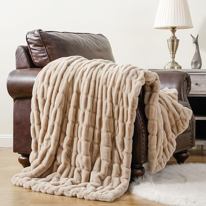 BATTILO HOME Beige Faux Fur Throw Blanket for Bed, Large Double Side Reversible Ruched Rabbit Fur Blanket for Couch, Living Room, Soft Warm Mink Cozy Blanket, 60x80 Inch