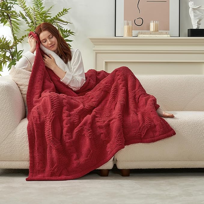 Amélie Home Cable Knit Throw Blanket for Couch, Chenille Sherpa Soft Cozy Throw Blankets for Sofa Chair Comfortable Home, 50"x60", Red