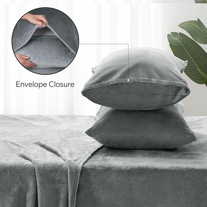 BEDELITE Flannel Sheets King Size Grey - Super Soft Fleece Sheets Set Fluffy Extra Plush, 4 Piece(Include Fitted Sheet, Flat Sheet, 2 Pillowcases)