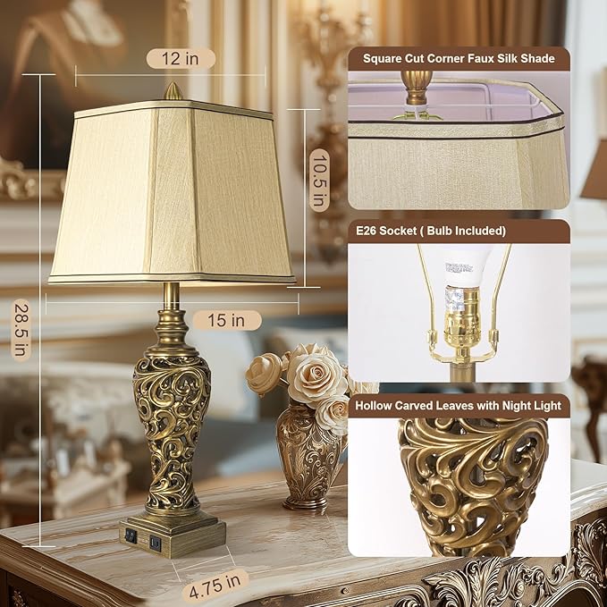 28.5'' Table Lamps Set of 2 for Living Room, Vintage Bedside Lamps with USB A+C Ports & Nightlight, Farmhouse Nightstand Lamps with Faux Silk Shade for Bedroom, Study Room, Office (LED Bulbs Included)