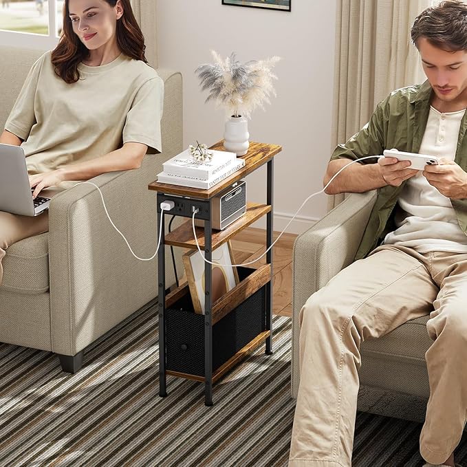 Narrow Side Table with Charging Station and LED Light, End Table with 1 Fabric Drawer, Skinny Nightstand with USB Ports & Type-C, Slim Bedside Table for Bedroom, Living Room, Rustic Brown