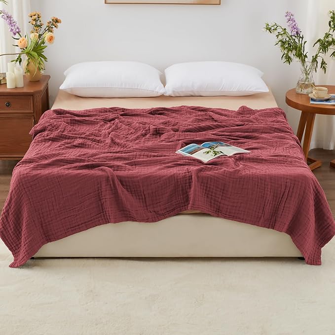 Love's cabin 100% Cotton Muslin Blanket, 6 Layer Lightweight Breathable Gauze King Size Blanket 108 x 90 Inches, Soft Summer Blanket for Bed, Wine Red