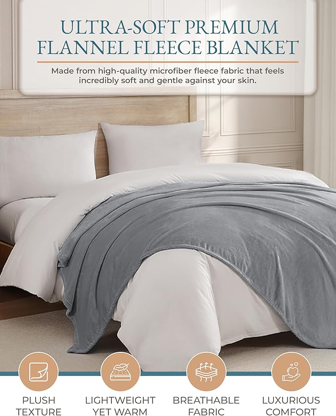 Casa Platino Fleece Blanket King Size – 300 GSM Light Gray Fleece Throw for Bed or Couch – Soft Cozy Warm Holiday Bed Blanket for Winter, Fuzzy Plush Elegant Gifts for Men & Women - 108x90 Inch