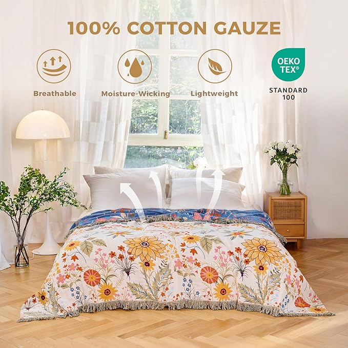 Boho Throw Blanket for Bed Cotton Spring Blankets Twin Size for Bedroom Living Room All Season Lightweight Floral Embroidery Reversible Quilt for Couch Sofa Chair 60"x80" Home Decor