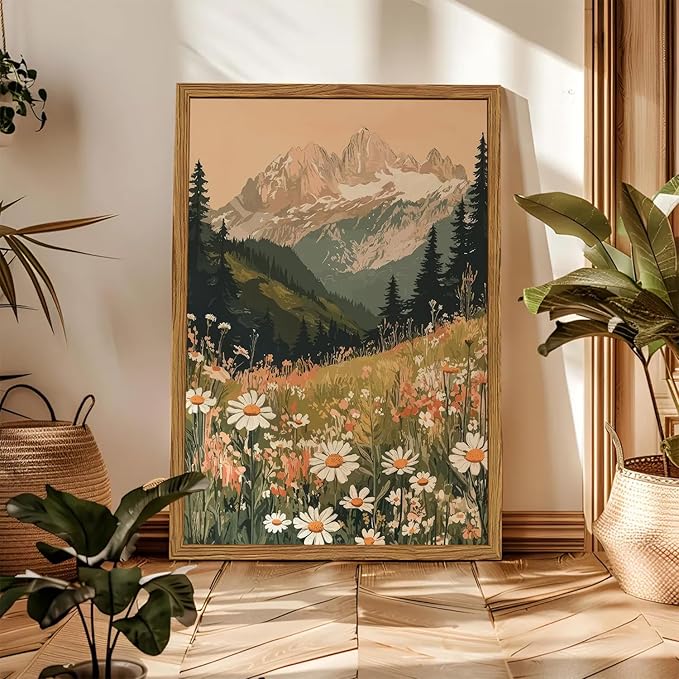 Framed Boho Colorful Wildflower Landscape Wall Art Set of 3, Vintage Floral Mountain Wall Decor Paintings, Nature Flower Pictures Canvas Prints for Living Room Bedroom Office 16x24 inch