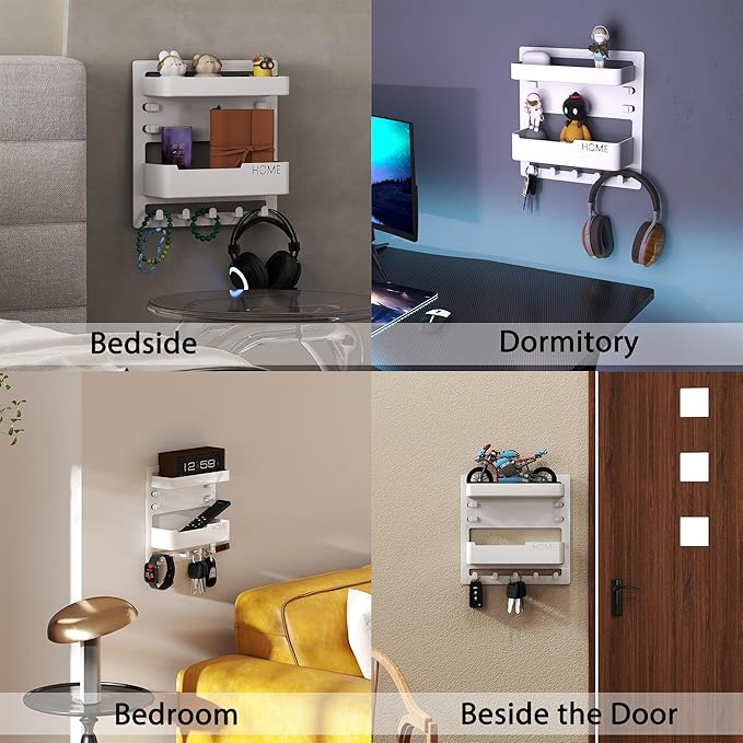 Bedside Wall Shelf Organizer, Floating Bedside Wall Mount with Adhesive for Phone, Remote & Keys, No Drill Small Shelf for Bedroom, Dorm & Small Spaces (White)