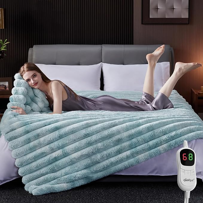 Heated Throw Blanket, Faux Fur Cozy Heating Blanket with Overheat Protection, 1/2/4/6/8 Hours Auto-Off 10 Heat Level, Machine Washable (62x84 Inches, Blue)