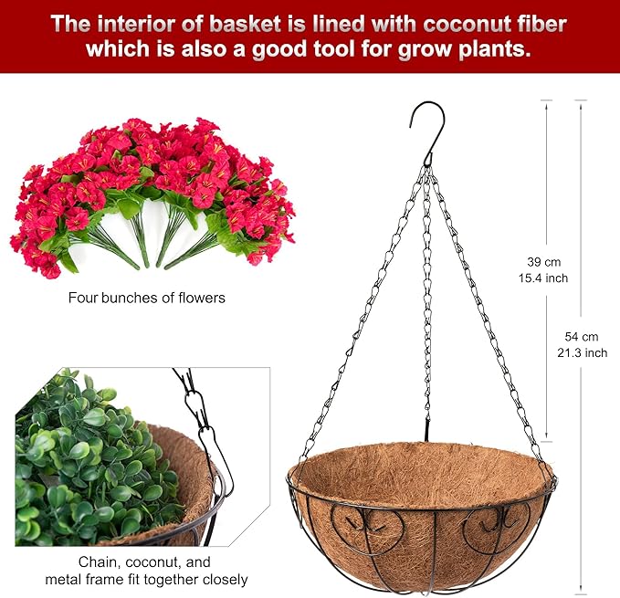 Artificial Hanging Flower Plants with Basket for Outdoor Decoration, Faux Petunias Flowers Fake Morning Glory Plants for Hanging Outside Patio Garden Porch Balcony Yard Spring Decor(Red)