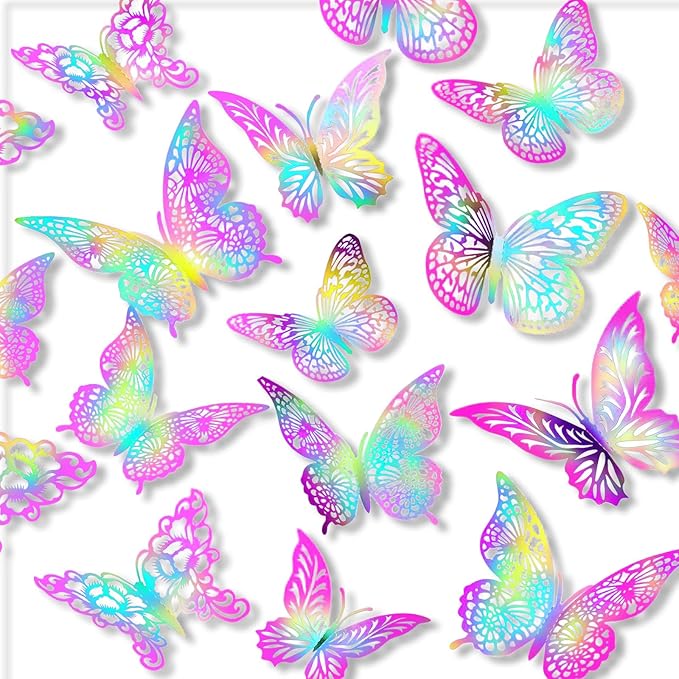 3D Butterfly Wall Decor 3 Sizes 4 Styles Butterfly Party Decorations Cake Decorations Removable Stickers Wall Decor Room Mural Metallic (Laser Pink Purple, 48Pcs)