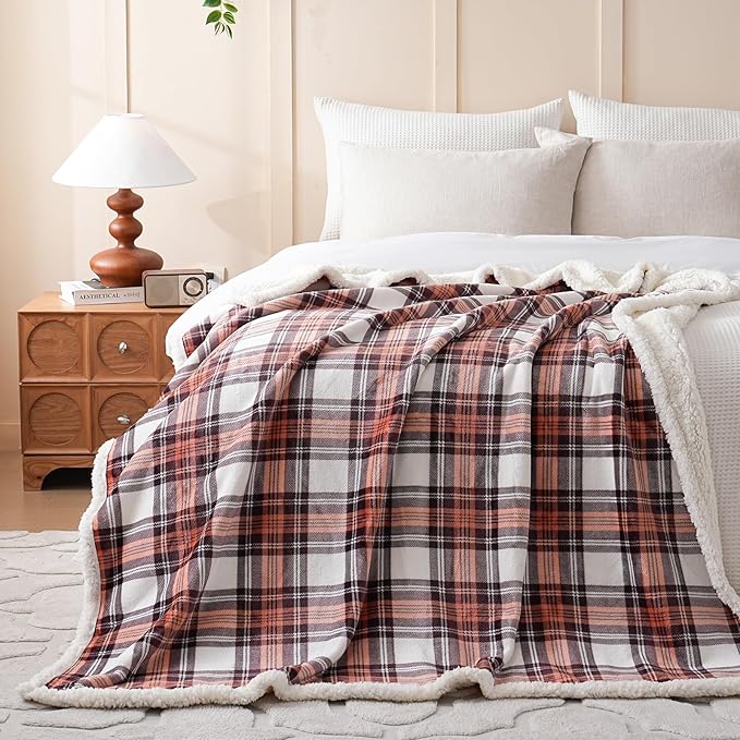 Sherpa Fleece Throw Blanket for Couch, Fluffy Plush Warm Fuzzy Blanket for Women and Men, Cozy Thick Soft Twin Blanket for Bed (Orange-2, 80"*90")