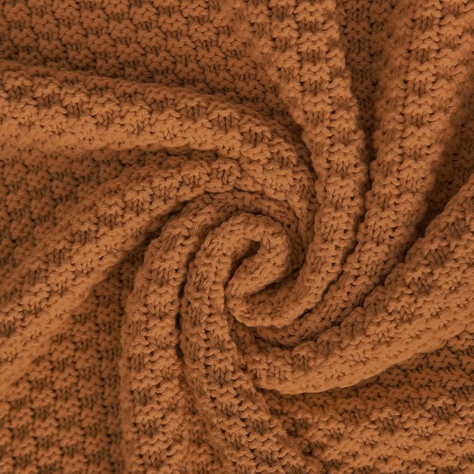Longhui bedding Burnt Orange Knitted Throw Blanket for Couch, Soft, Cozy Machine Washable 100% Cotton Sofa Knit Blankets, Heavy 3.0lb Weight, 51 x 63 Inches, Laundry Bag Included