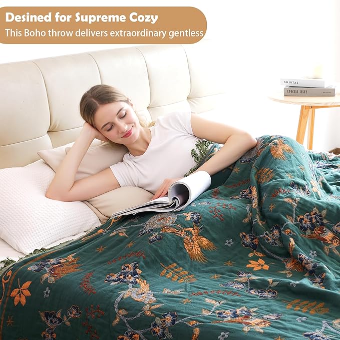 Boho 100% Cotton Large Throw Blanket - All Season Rustic Ultra Soft Breathable Floral Bird Blanket for Bed Sofa Couch Chair Bedspread Quilt Gift, 80" x 90"-Teal/Beige