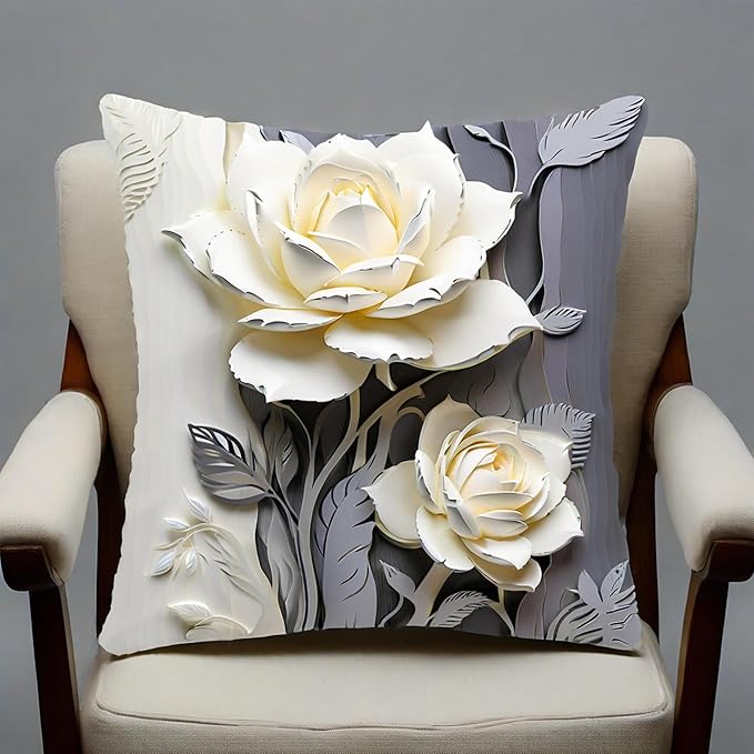 2D Flat, 2pcs Elegant White Rose Linen Throw Pillow CoverDecorative, White and Gray Rose Design, Elegant Home Decor Cushion Case，18x18 Pillows Linen Pillowcase