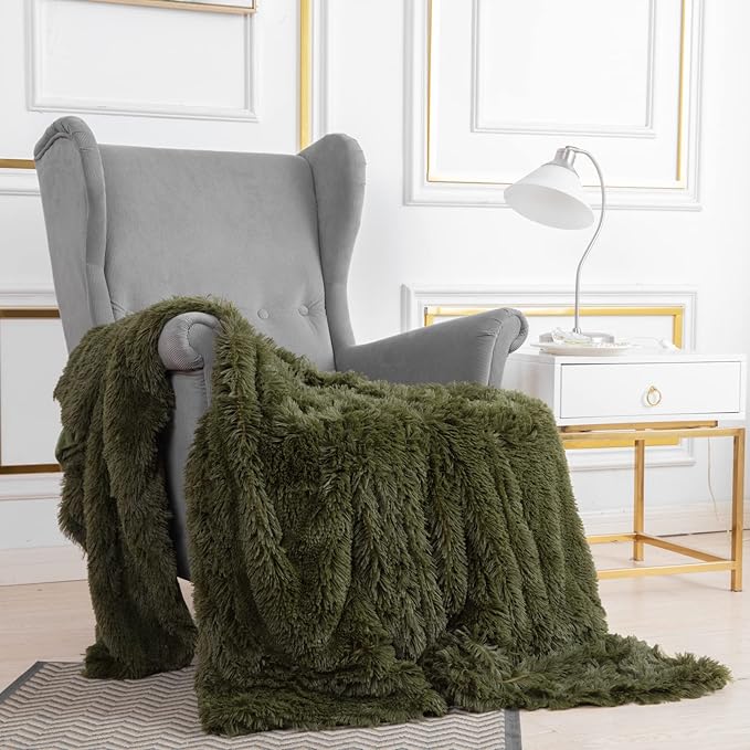 YUSOKI Long Faux Fur Throw Blanket for Sofa Couch,2 Layers,2.1lb,All Ages,Home Decoration, (Olive Green,50" x 60")