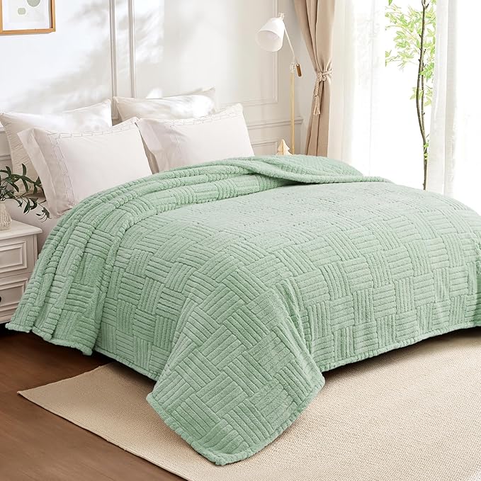 Whale Flotilla Lightweight Fleece Queen Size Blanket for Bed, Fuzzy Soft Blankets with Decorative Jacquard Pattern for All Season, Warm and Fluffy, 90x90 Inch, Sage Green
