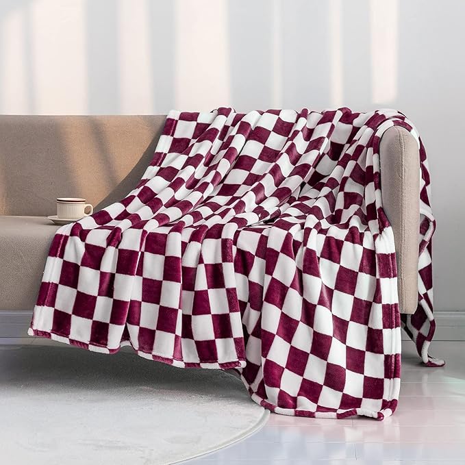 LOMAO Throw Blankets Flannel Blanket with Checkerboard Grid Pattern Soft Throw Blanket for Couch, Bed, Sofa Luxurious Warm and Cozy for All Seasons (Burgundy, 60"x80")