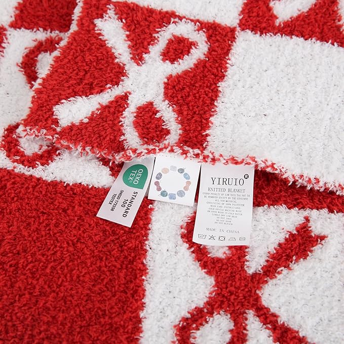 YIRUIO Red Checkered Knit Throw Blanket - with Bow Pattern for Women Daughter, 50x60 Size Ultra Soft Microfiber Reversible,Fluffy Fuzzy Cozy Throw for Bed, Sofa & Couch, Home Decor