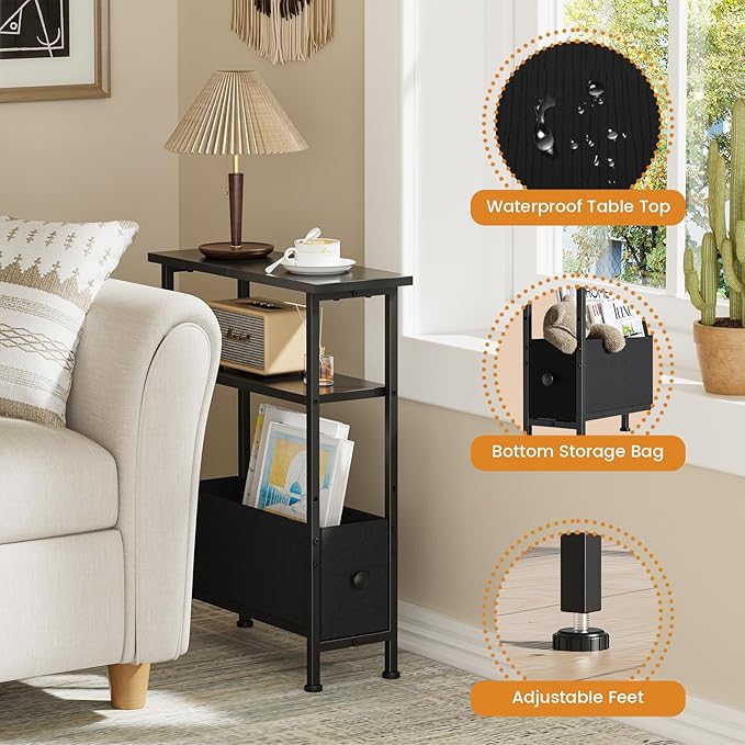 Narrow Small Side Table, End Table with 1 Fabric Drawer and Storage Shelf, 3-Tier Skinny Nightstand, Slim Bedside Table for Living Room, Bedroom, Black