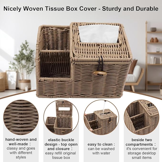 Woven Tissue Box Cover Square, Tissue Box Holder, Tissue Box Cover with Storage, Tissue Box Holder Remote Organizer, Bedside Nightstand Organizer for Bedroom/Bathroom/Office/Kitchen Countertop
