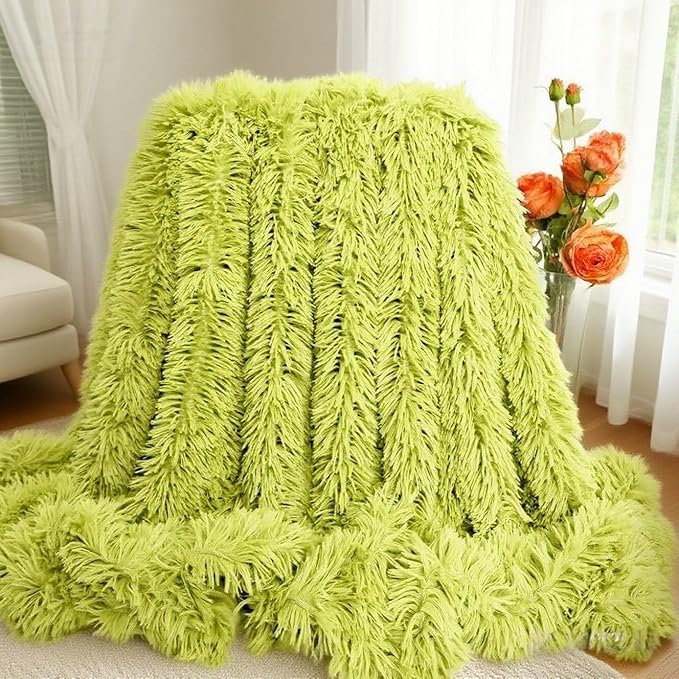 Plush Super Soft Blanket Bedding Sofa Cover Furry Fuzzy Fur Warm Throw Qulit Cozy Couch Blanket for Winter (51"x63",Yellow Green)