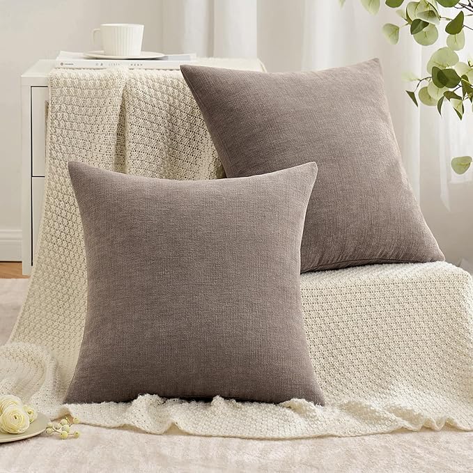 MIULEE Brown Couch Pillow Covers 18x18 Inch, Set of 2 Soft Chenille Decorative Square Throw Pillow Covers Farmhouse for Sofa Living Room Bed