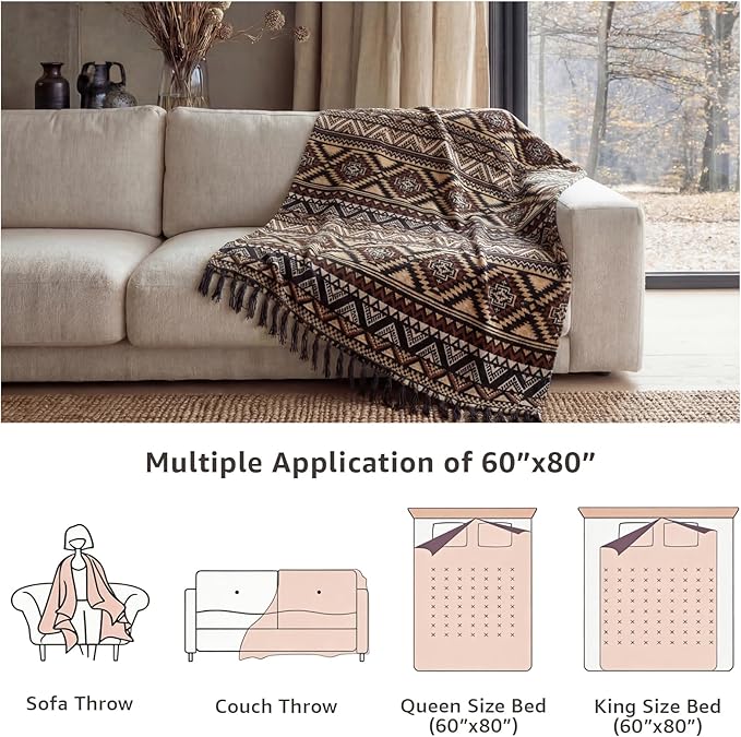 CASAAGUSTO Boho Throw Blanket - Brown Black Decorative Blankets with Tassel, Printed Flannel Bohemian Blanket for Chair, Bed, Sofa, Couch(60 * 80, Brown Black)