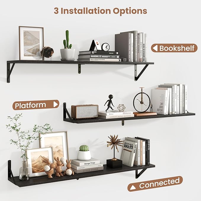 Axeman 40 Inch Floating Shelves | 8 Inch Deep Black Wall Shelves Set of 2 | 39.4" W x 8" D Rustic Black Wood Shelves for Bathroom Kitchen Living Room