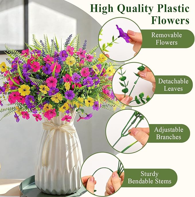 Alupssuc 24 Bundles Artificial Flowers for Outdoors Spring Summer Decoration, UV Resistant Faux Eucalyptus Violet and Lavender Silk Fake Plants for Outside Indoor Yard Home Patio Decor, Mix 3 Colors
