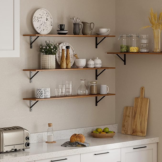 DINZI LVJ Long Wall Shelves, 47.3Inch Floating Shelves Set of 2, Extra Large Wall Storage Ledges with Sturdy Metal Brackets for Living Room, Bathroom, Bedroom, Kitchen, Rustic Brown