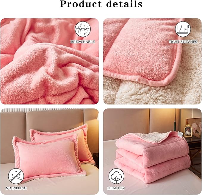 3-Layer Luxury Flannel Fleece Thick Bed Blanket Twin Size Blush Pink for Girls, Soft Plush Velvet Sherpa Blanket with 2 Pillow Shams Heavy Warm for Winter, Breathable n Washable, Pink