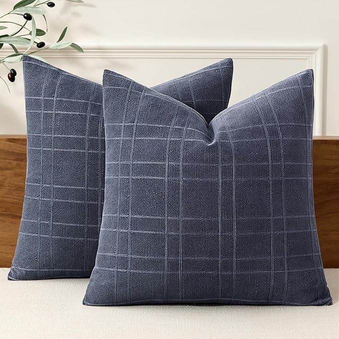 MIULEE Decorative Linen Check Euro Shams Throw Pillow Covers Neutral Farmhouse Vintage Pillow Covers 22x22 Set of 2 Boho Modern Home Decor for Sofa Couch Bedroom Cushion Navy Blue