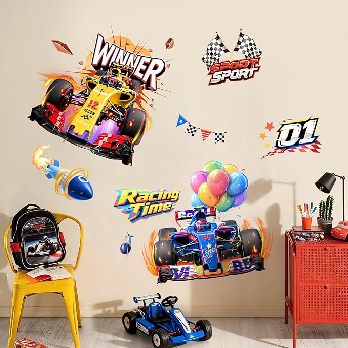 2 Racing Car Wall Decals for Boys Room Decor - Speeding Race Car Wall Stickers for Kids Toddles Teens Bedroom Nursery Playroom Classroom Decor