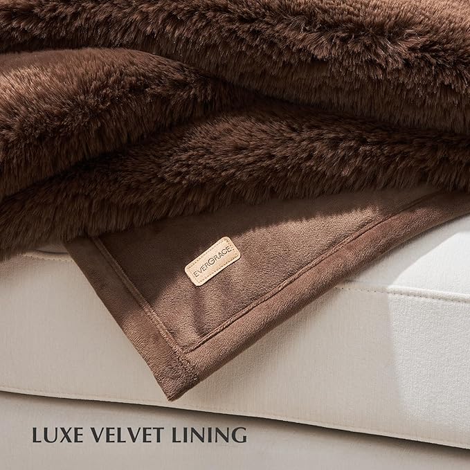 EVERGRACEHOME Luxury Soft Faux Chinchilla Fur Throw Blanket for Couch, Warm Thick Heavy Winter Throw Blanket 1220GSM for Bed, Fluffy Cozy Mink Blanket with Reversible Velvet, Chestnut Mink, 60"x80"