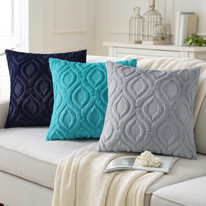 decorUhome Summer Throw Pillow Covers 18x18 Inch Set of 2, Soft Plush Faux Wool Navy Blue Solid Couch Pillow Covers, Accent Farmhouse Neutral Square Pillow Cases for Sofa Bed Living Room