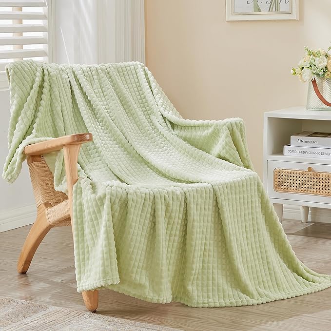 EMME Fleece Blanket, 3D Jacquard Throw Blanket for Couch and Bed, Soft Cozy and Fluffy Blankets Lightweight Luxury Flannel with Geometric Grid Design (Sage Green, 50'' x 60'')