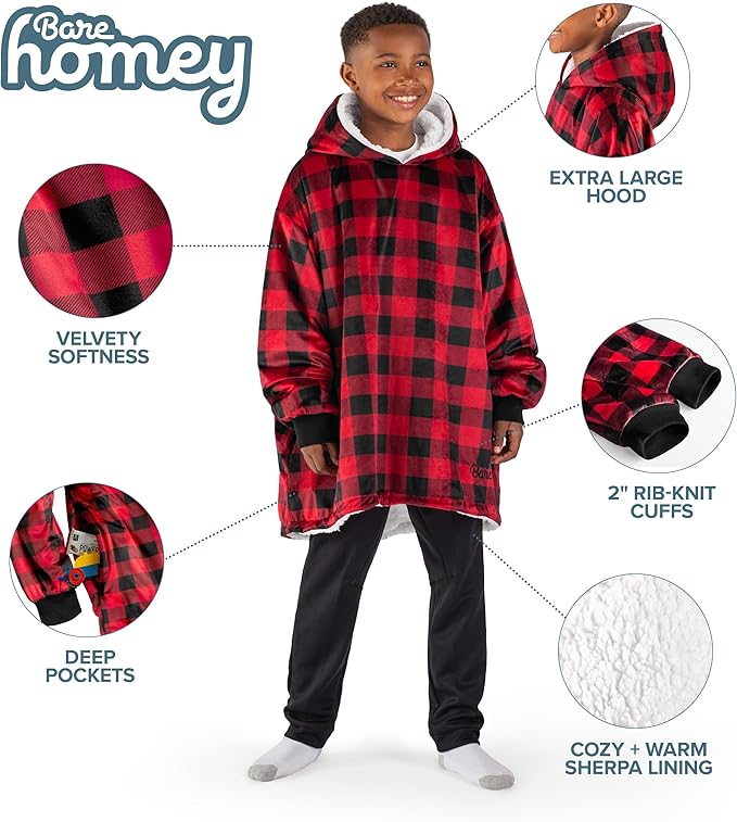 Bare Home Wearable Blanket Hoodie - Soft Plush Sherpa - Warm and Cozy - Oversized Wearable Blanket - Adult & Kid Sizes